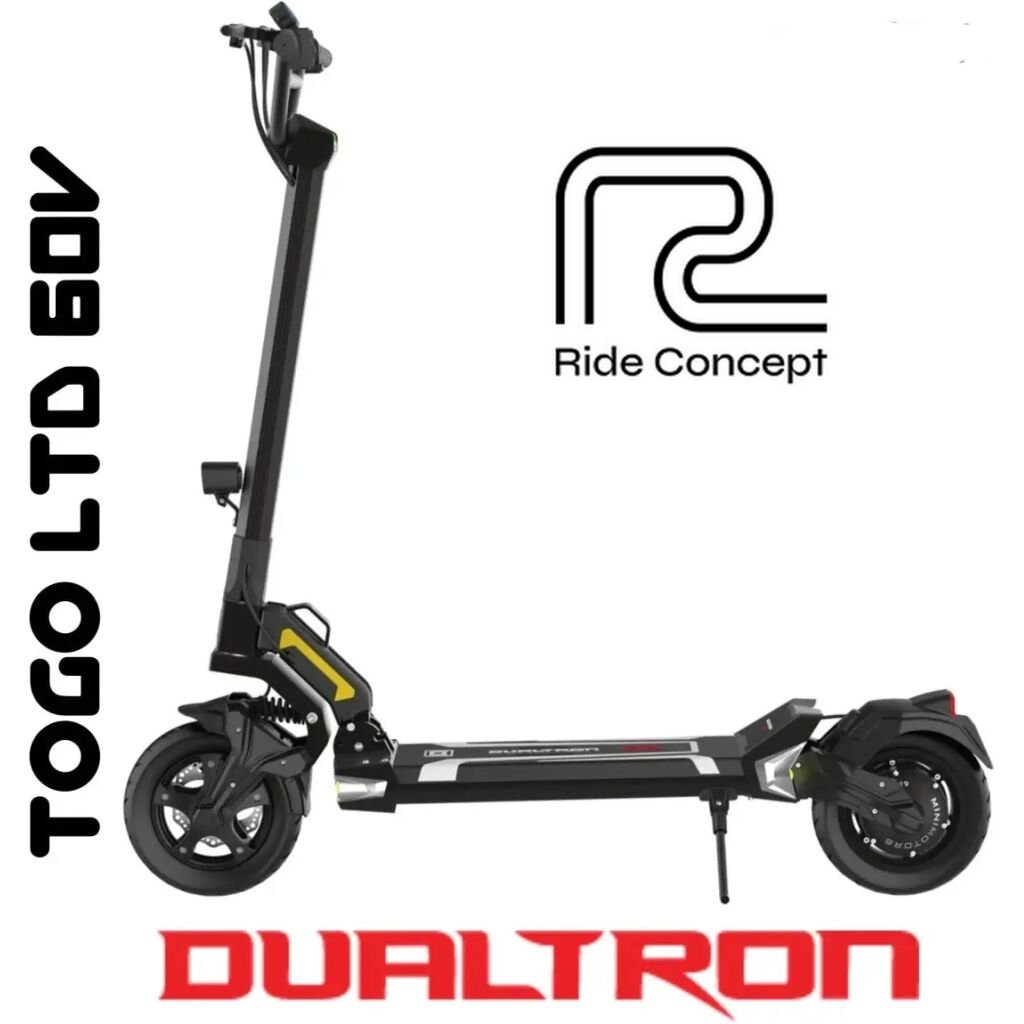 Dualtron-Togo-LTD-12Ah-60V-_RIDE-CONCEPT-LYON_2 ROUES. Découvrez le Dualtron TOGO 12ah, l'électrique de route idéale pour les amoureux de la libertéVous cherchez une manière de vous déplacer de manière écologique et économique ? Le Dualtron TOGO 12ah est la solution parfaite ! Conçu pour les amoureux de la liberté, ce scooter électrique offre une combinaison parfaite de performance, de confort et de durabilité. Vitesse et puissance Avec sa puissance de 1000W, le Dualtron TOGO 12ah est capable de vous emmener jusqu'à 45 km/h, ce qui est parfait pour les déplacements urbains. Vous pourrez ainsi vous déplacer rapidement et efficacement dans les rues de votre ville. Autonomie et batterie La batterie de 12Ah, 48V, offre une autonomie de jusqu'à 100 km en mode économique et 50 km en mode sportif. Vous pourrez ainsi vous déplacer sans vous soucier de la batterie. Confort et sécurité Le Dualtron TOGO 12ah est conçu pour offrir un confort optimal. Son siège est conçu pour vous offrir une position confortable, tandis que ses freins à disque avant et tambour arrière vous assurent une sécurité maximale. Équipements Le Dualtron TOGO 12ah est équipé de nombreux équipements pour vous offrir une expérience de conduite optimale. Vous trouverez notamment : Un système de freinage électrique pour une meilleure sécurité Un système de freinage regénératif pour récupérer l'énergie et prolonger la durée de vie de la batterie Un écran LCD pour afficher les informations de votre route Découvrez le Dualtron TOGO 12ah aujourd'hui N'hésitez plus ! Découvrez le Dualtron TOGO 12ah et vivez l'expérience de la liberté !